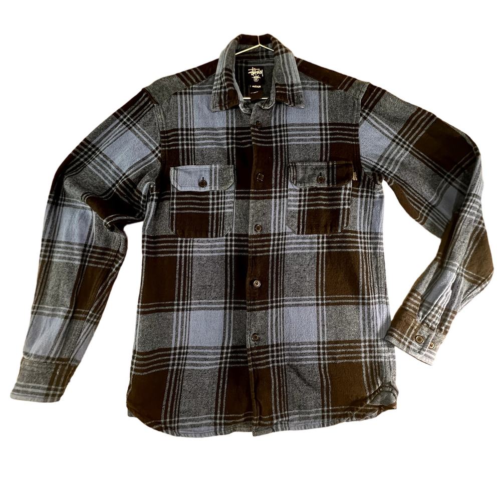 Vintage Stussy Blue Buffalo Plaid Flannel Button Up Long Sleeves. Size M